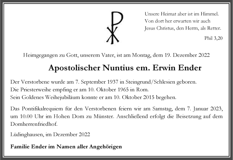  Traueranzeige für Erwin Ender vom 28.12.2022 aus 