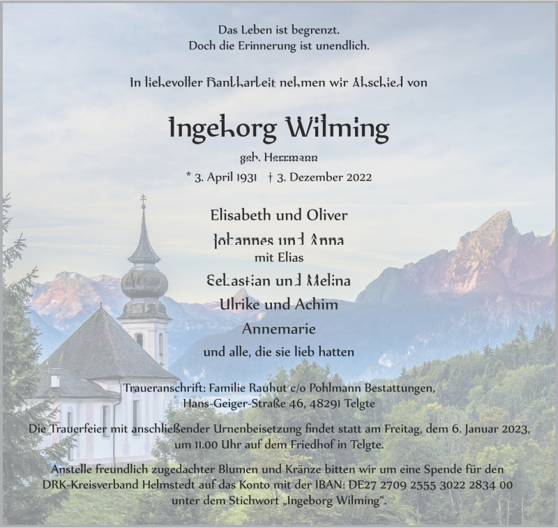  Traueranzeige für Ingeborg Wilming vom 17.12.2022 aus 