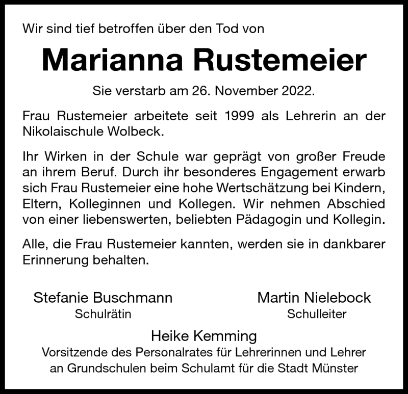  Traueranzeige für Marianna Rustemeier vom 03.12.2022 aus 