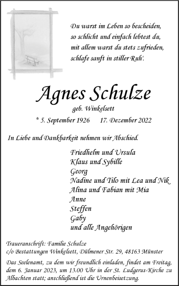 Anzeige von Agnes Schulze 