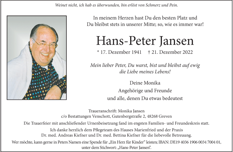  Traueranzeige für Hans-Peter Jansen vom 31.12.2022 aus 