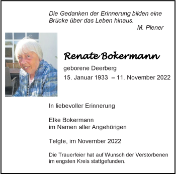 Anzeige von Renate Bokermann 