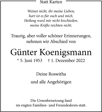 Anzeige von Günter Koenigsmann 
