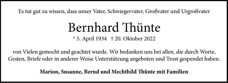  Traueranzeige für Bernhard Thünte vom 24.12.2022 aus 