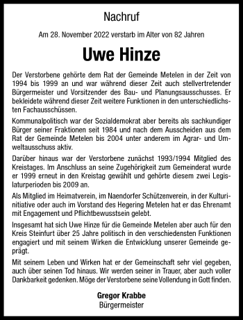 Anzeige von Uwe Hinze 