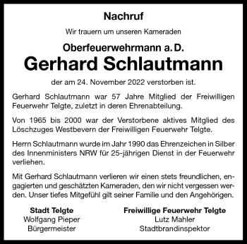 Anzeige von Gerhard Schlautmann 
