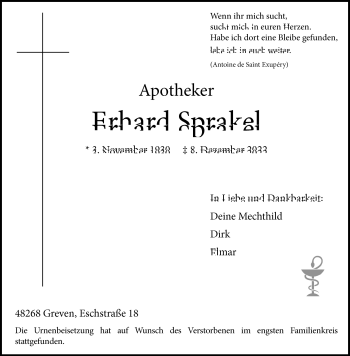 Anzeige von Erhard Sprakel 