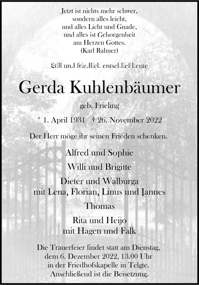  Traueranzeige für Gerda Kuhlenbäumer vom 03.12.2022 aus 