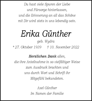 Anzeige von Erika Günther 