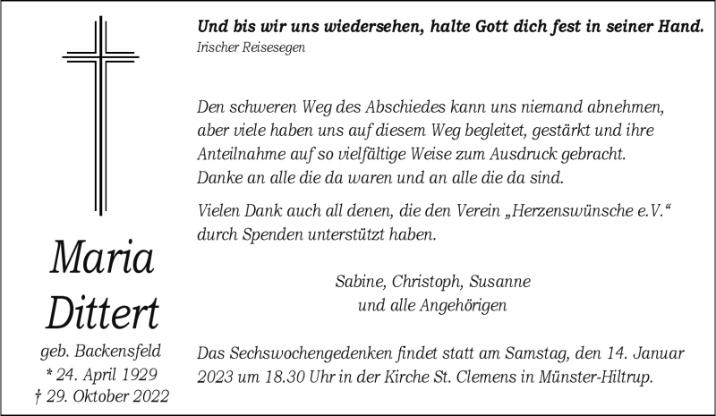  Traueranzeige für Maria Dittert vom 24.12.2022 aus 