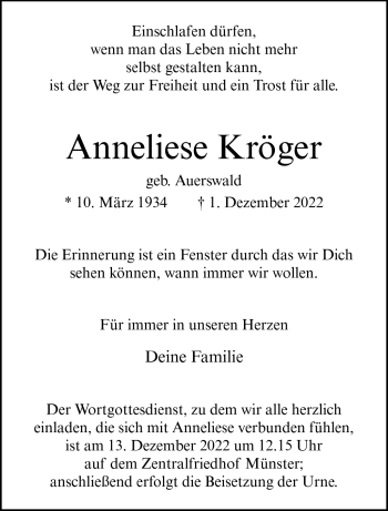 Anzeige von Anneliese Kröger 