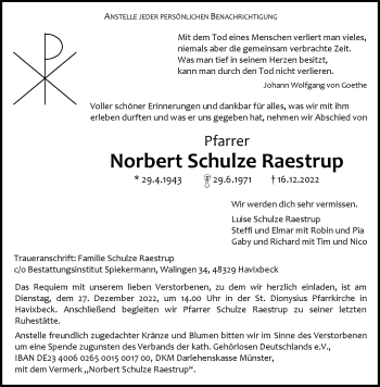 Anzeige von Norbert Schulze-Raestrup 