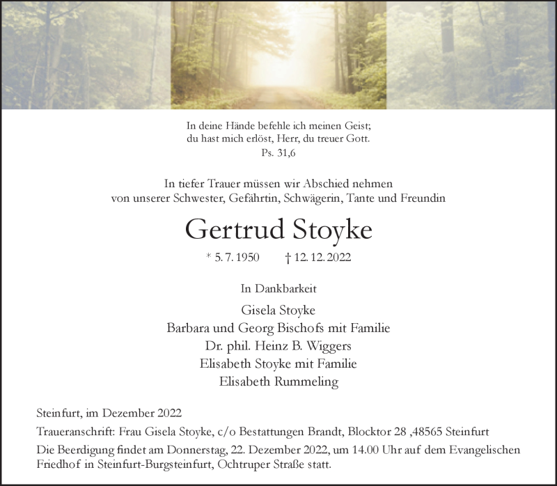  Traueranzeige für Gertrud Stoyke vom 17.12.2022 aus 