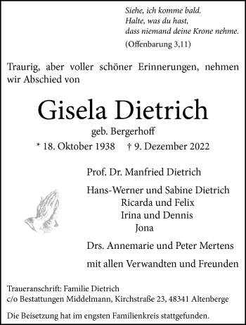 Anzeige von Gisela Dietrich 