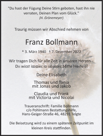 Anzeige von Franz Bollmann 
