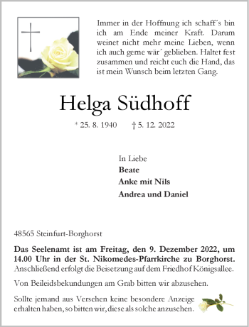 Anzeige von Helga Südhoff 