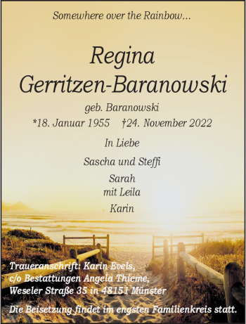 Anzeige von Regina Gerritzen-Baranowski 