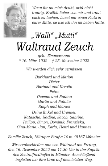 Anzeige von Waltraud Zeuch 