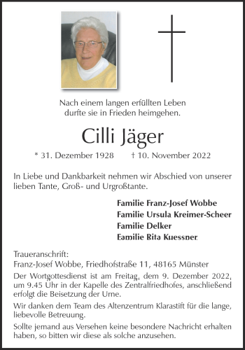 Anzeige von Cilli Jäger 