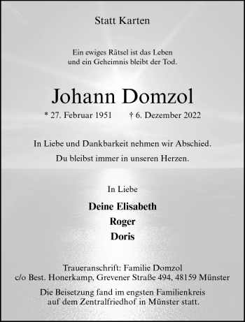 Anzeige von Johann Domzol 