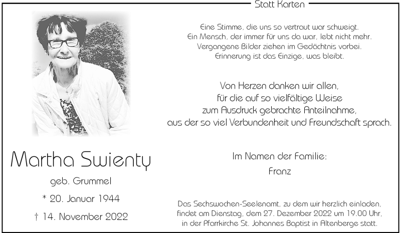  Traueranzeige für Martha Swienty vom 17.12.2022 aus 