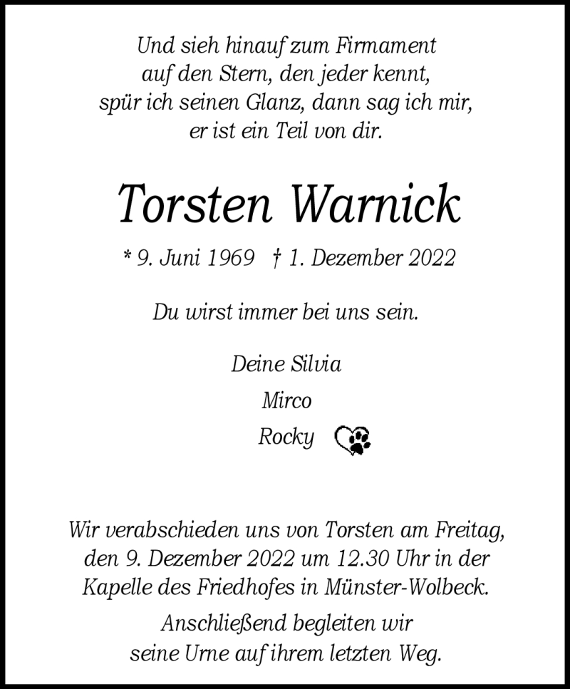  Traueranzeige für Torsten Warnick vom 03.12.2022 aus 