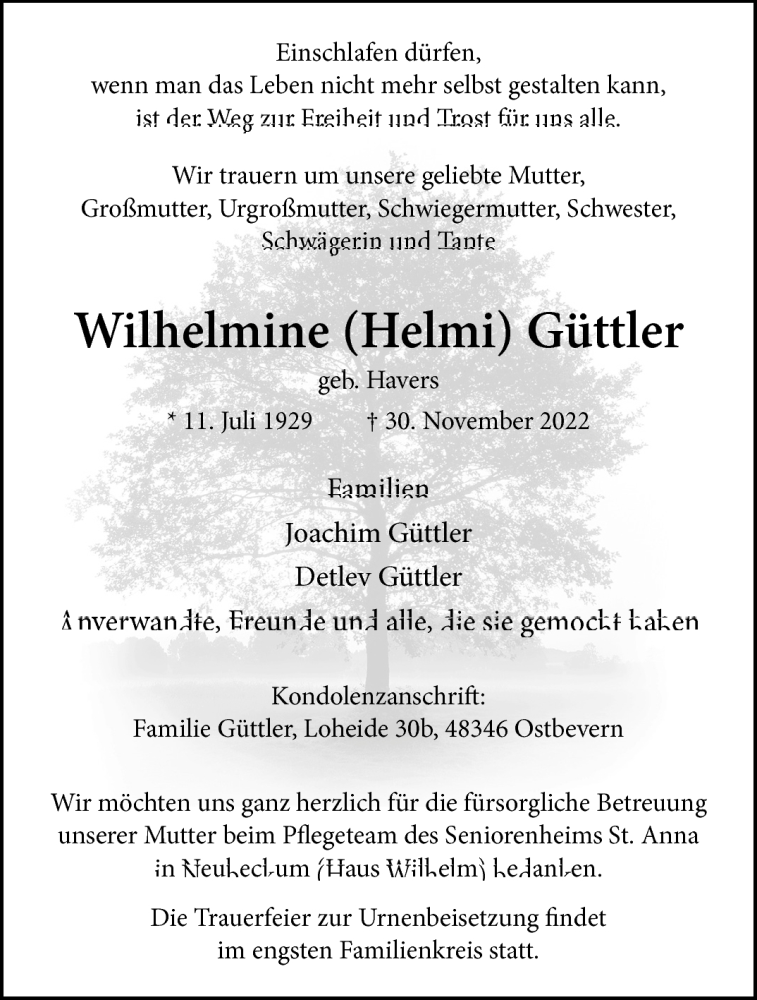  Traueranzeige für Wilhelmine (Helmi) Güttler vom 10.12.2022 aus 