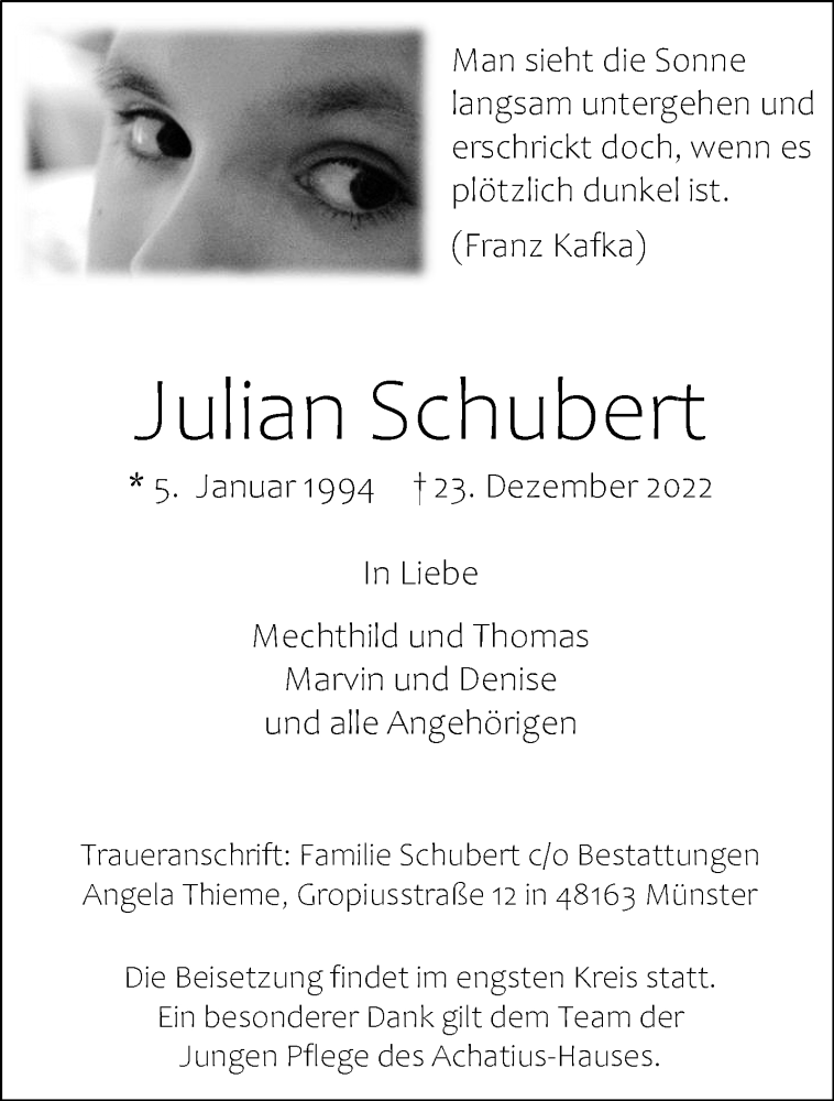  Traueranzeige für Julian Schubert vom 28.12.2022 aus 