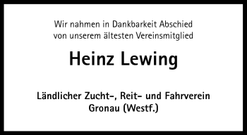 Anzeige von Heinz Lewing 