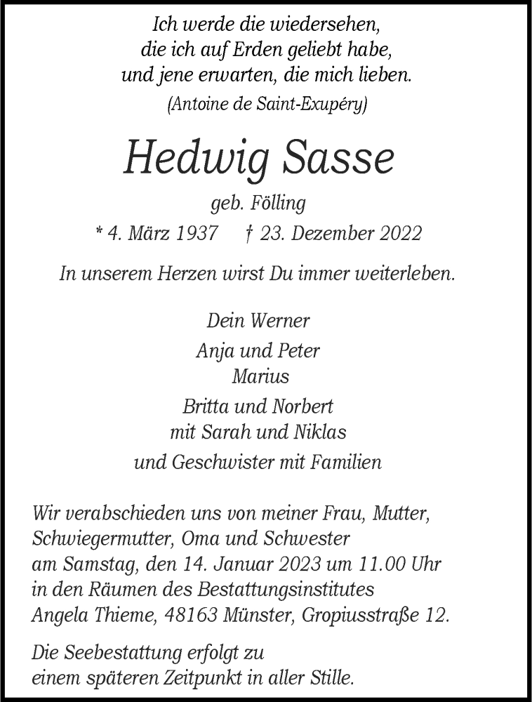  Traueranzeige für Hedwig Sasse vom 31.12.2022 aus 