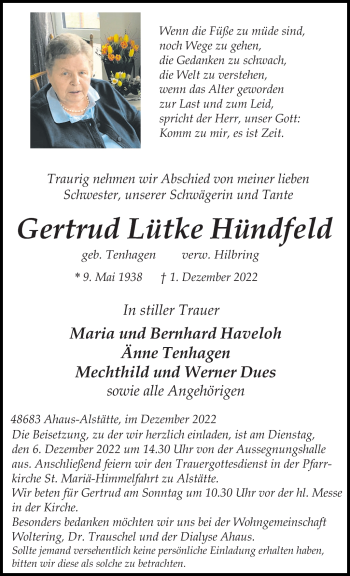 Anzeige von Gertrud Lütke Hündfeld 