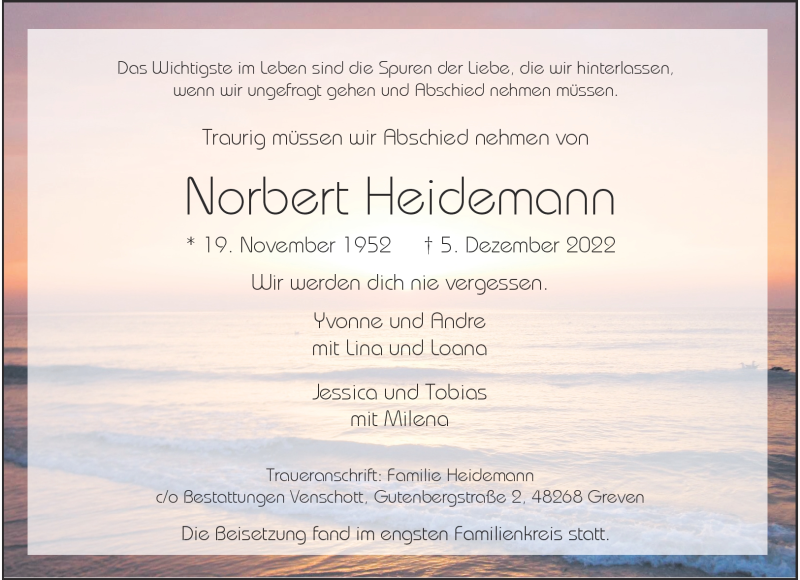  Traueranzeige für Norbert Heidemann vom 14.12.2022 aus 