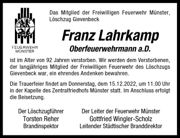 Anzeige von Franz Lahrkamp 