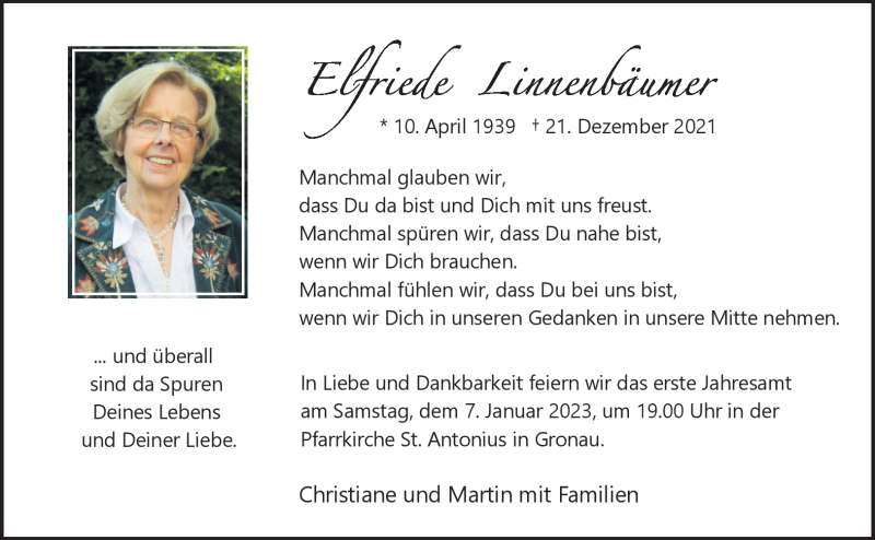  Traueranzeige für Elfriede Linnenbäumer vom 24.12.2022 aus 