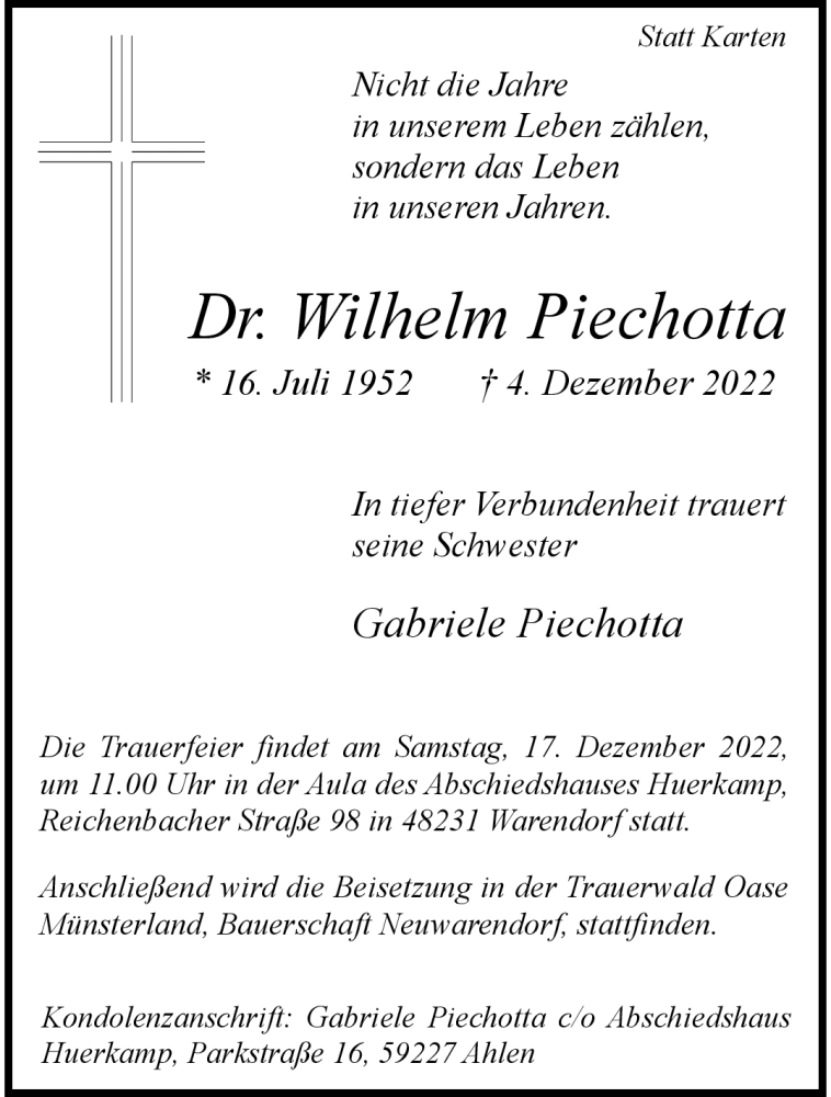  Traueranzeige für Wilhelm Piechotta vom 14.12.2022 aus 