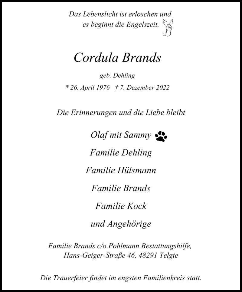  Traueranzeige für Cordula Brands vom 17.12.2022 aus 