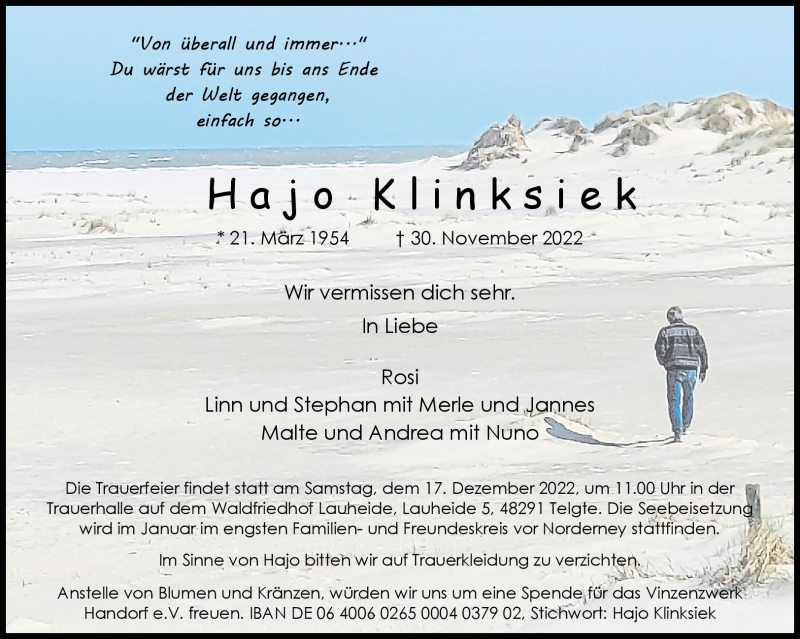  Traueranzeige für Hajo Klinksiek vom 10.12.2022 aus 