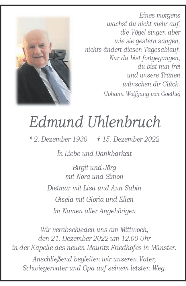  Traueranzeige für Edmund Uhlenbruch vom 17.12.2022 aus 