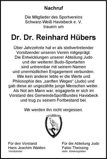 Anzeige von Reinhard Hübers 