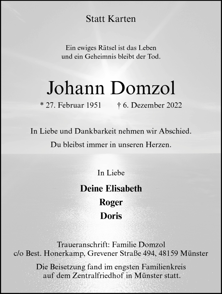  Traueranzeige für Johann Domzol vom 21.12.2022 aus 