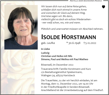 Anzeige von Isolde Horstmann 