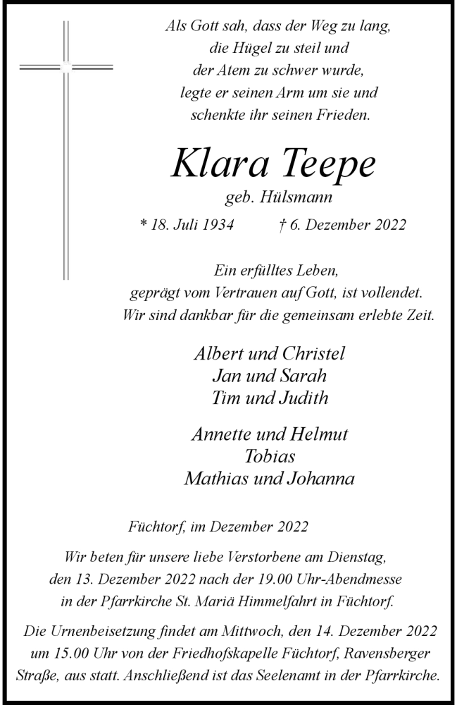  Traueranzeige für Klara Teepe vom 10.12.2022 aus 