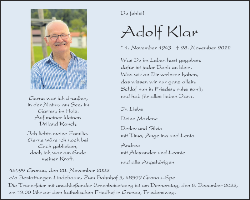  Traueranzeige für Adolf Klar vom 03.12.2022 aus 