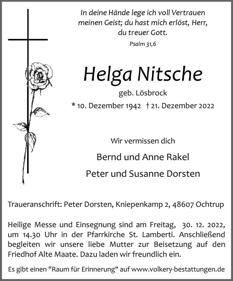  Traueranzeige für Helga Nitsche vom 24.12.2022 aus 