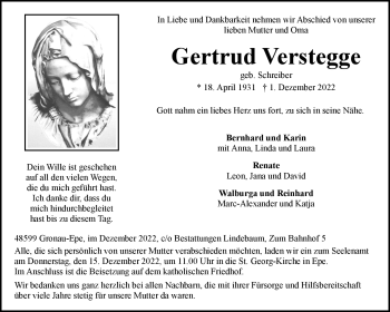 Anzeige von Gertrud Verstegge 
