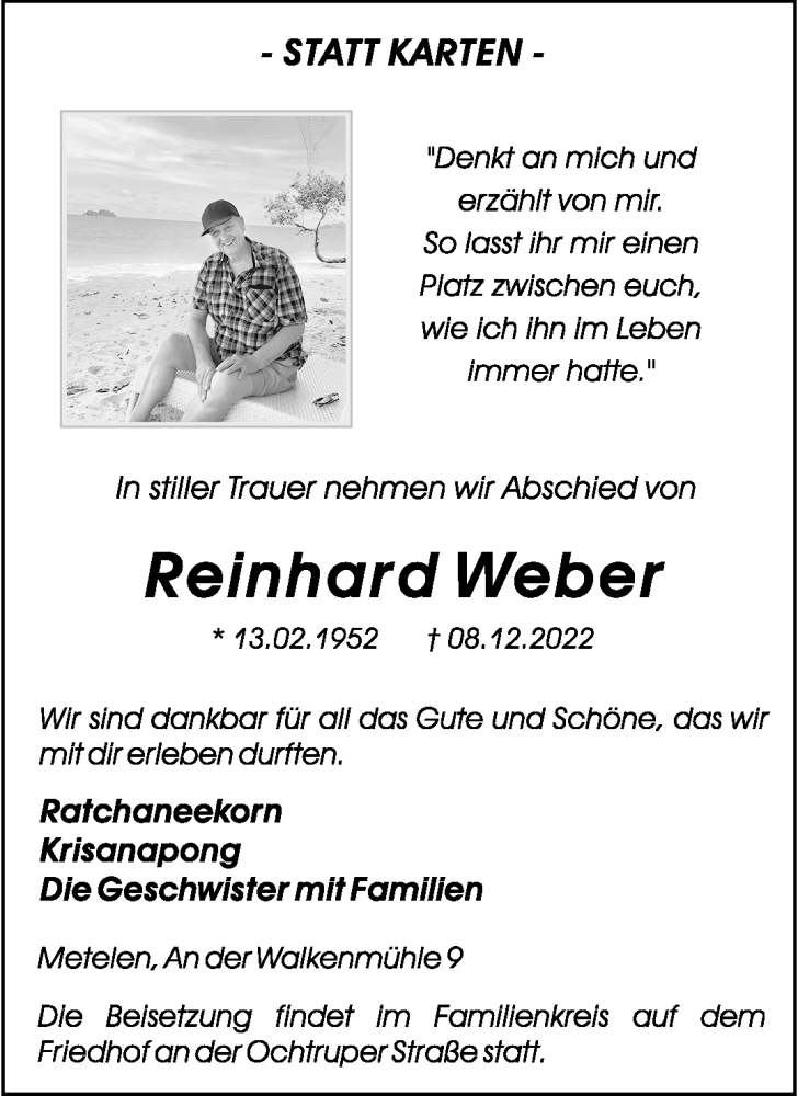  Traueranzeige für Reinhard Weber vom 15.12.2022 aus 