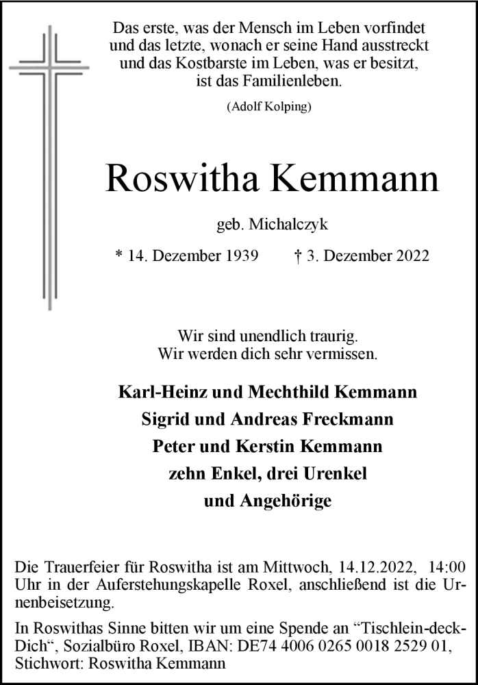  Traueranzeige für Roswitha Kemmann vom 10.12.2022 aus 