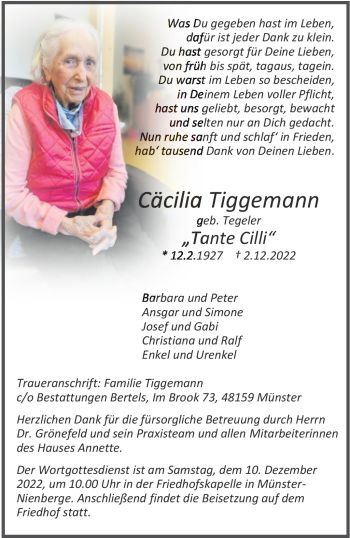 Anzeige von Cäcilia Tiggemann 