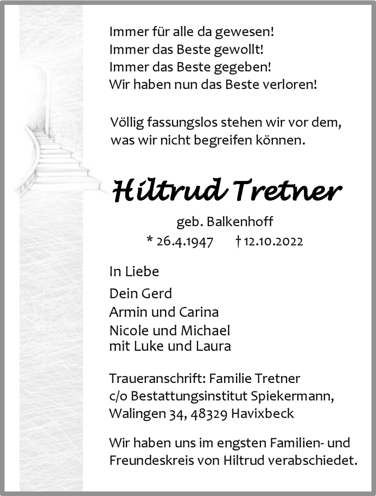  Traueranzeige für Hiltrud Tretner vom 03.12.2022 aus 
