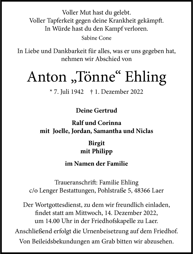  Traueranzeige für Anton „ Tönne “ Ehling vom 10.12.2022 aus 